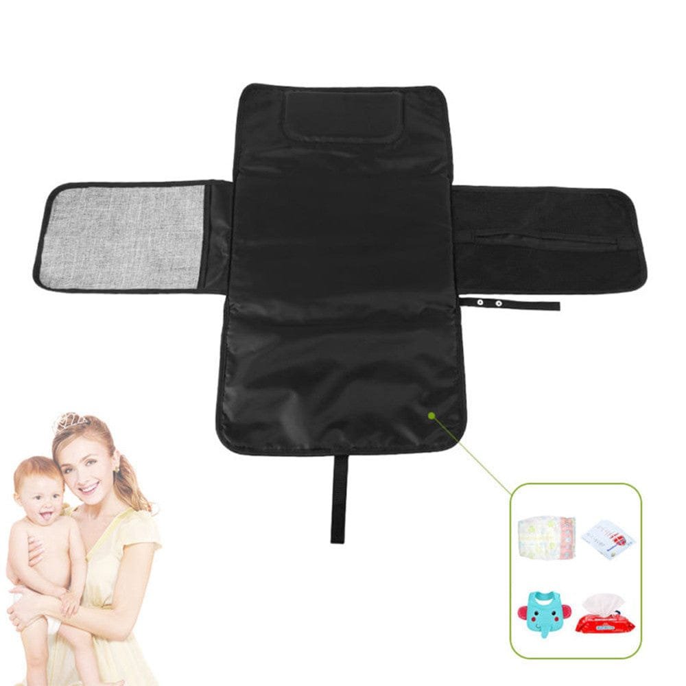Black car mat with and baby illustration and additional items in corner
