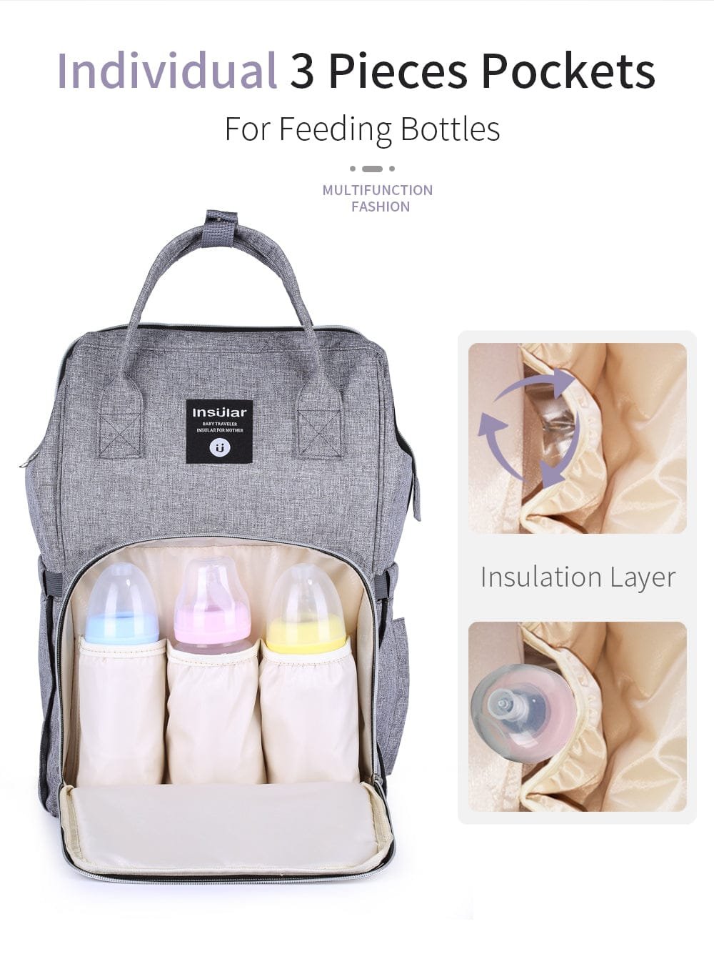 Gray backpack with insulated pockets for feeding bottles 
