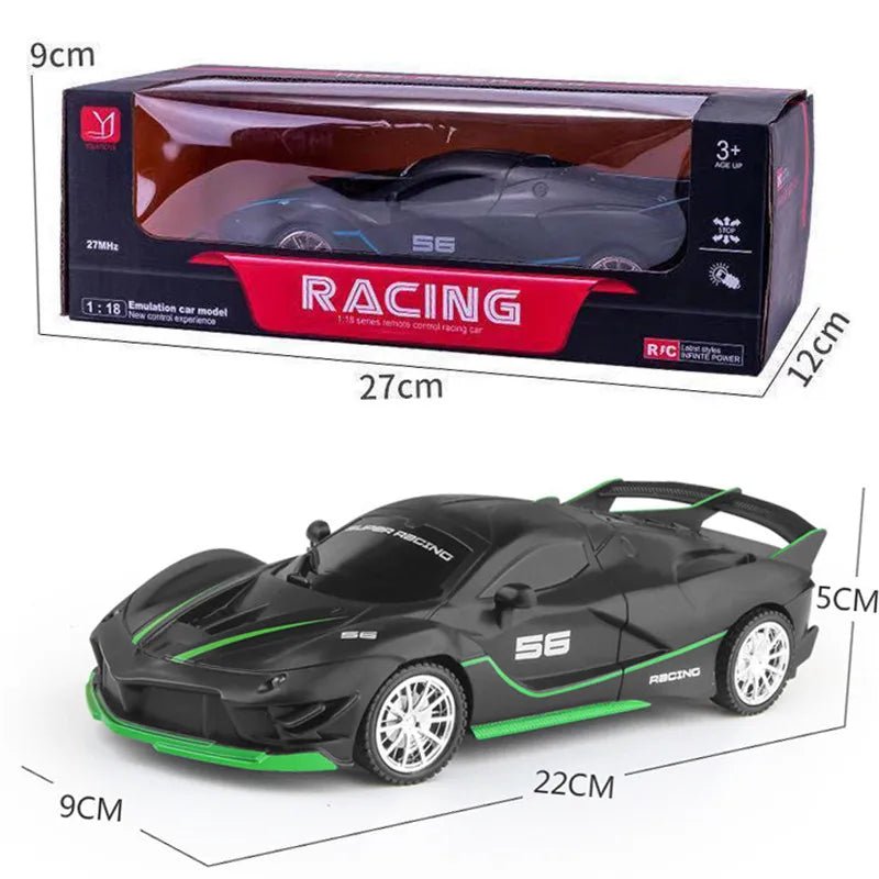 Black and green toy racing car with dimensions and packaging details.
