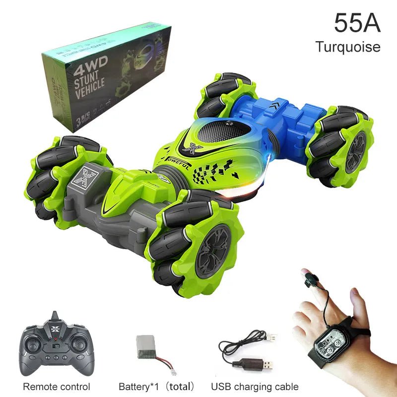 Toy vehicle with remote control, battery, and charging cable.