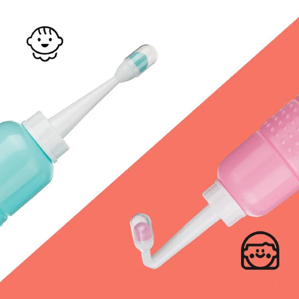 Two cleaning tools, one blue and one pink, on a white and coral background.