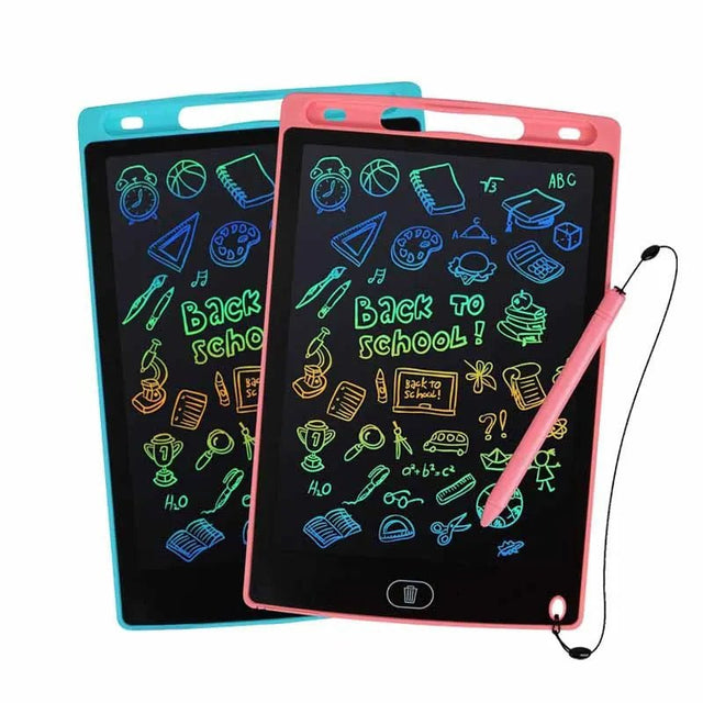 Two colorful electronic doodle boards with pens on a white background