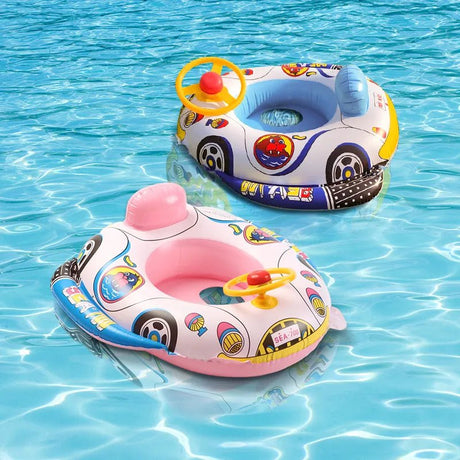 Two inflatable car-shaped swim rings in pink and white with colorful designs on a blue water background.