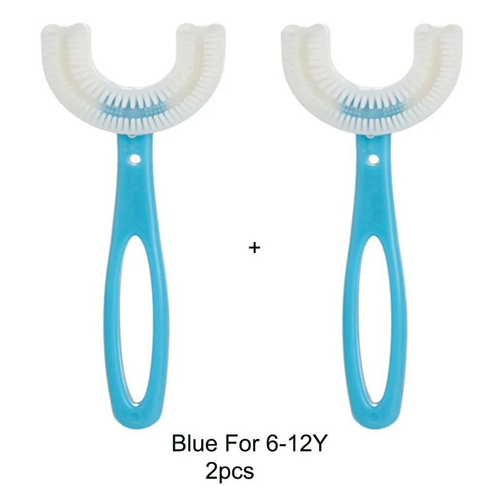 360-Degree U-Shaped Children's Toothbrush - Silicone Teeth Cleaner - Blue L 2pcs image