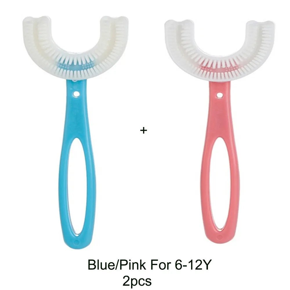 360-Degree U-Shaped Children's Toothbrush - Silicone Teeth Cleaner - Blue and pink L image