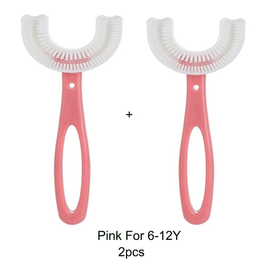 360-Degree U-Shaped Children's Toothbrush - Silicone Teeth Cleaner - Pink L 2pcs image