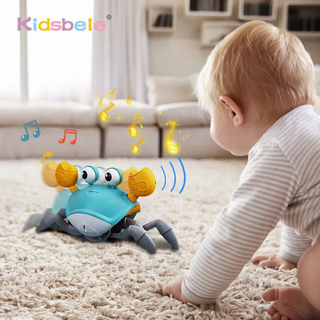 Child playing with a toy crab on a carpeted floor, with 'Kidsbele' branding visible.
