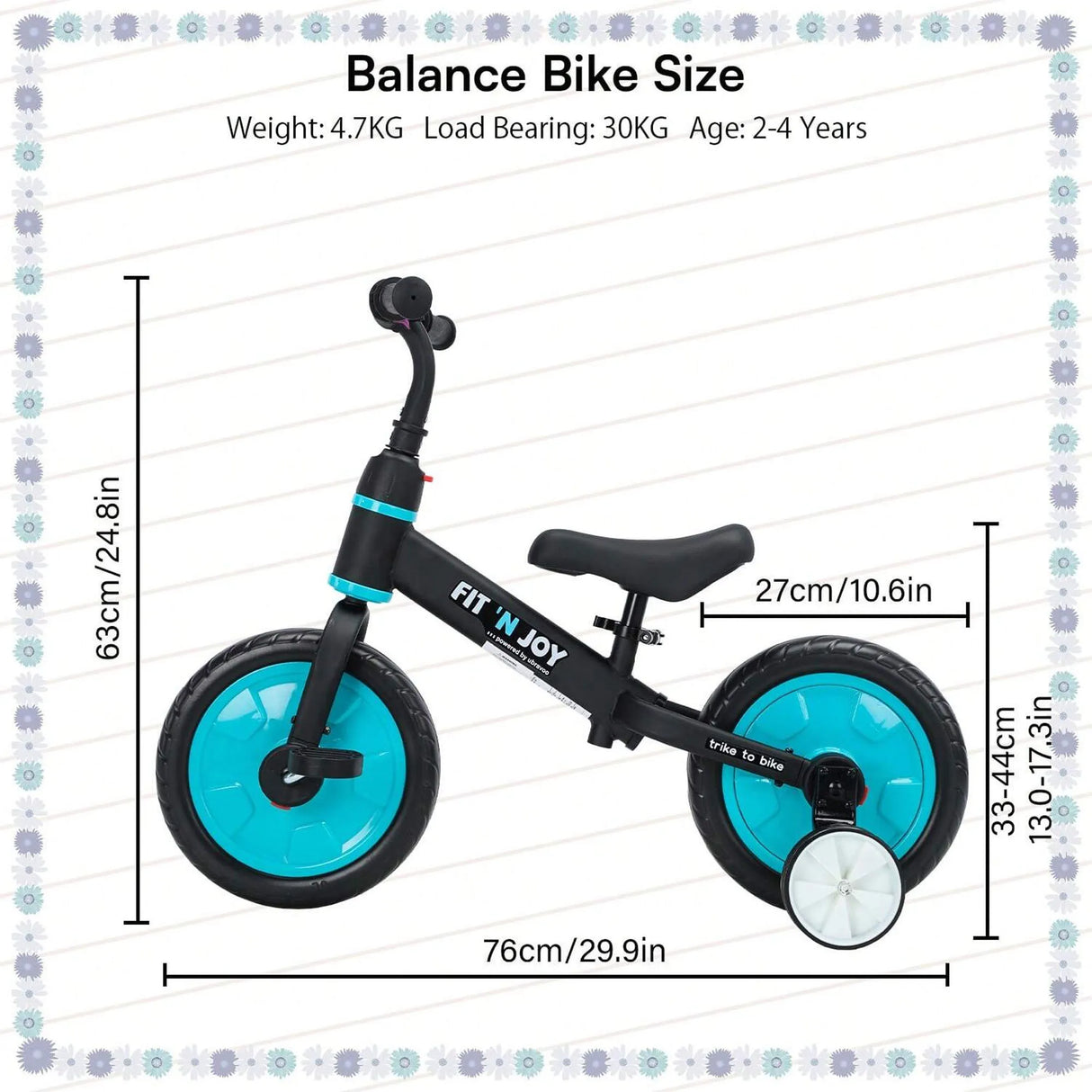 Balance bike with dimensions and specifications