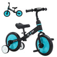 Children's balance bike with turquoise wheels and a black frame
