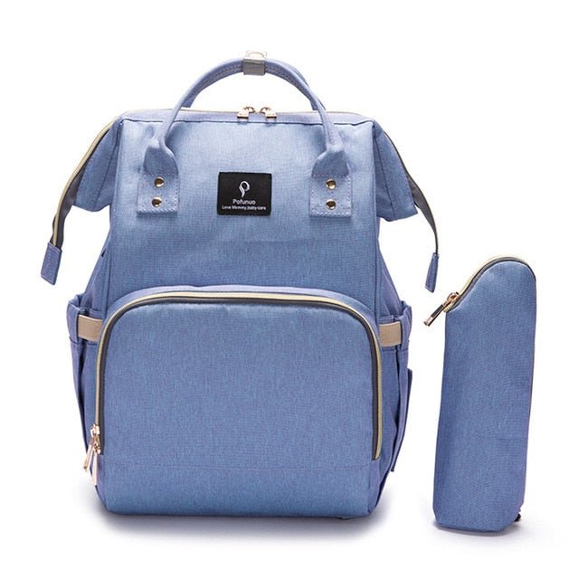 Blue backpack with a matching pouch