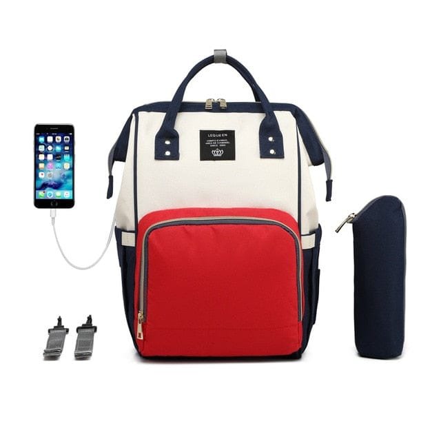 Multicolored backpack with phone, case, and straps 