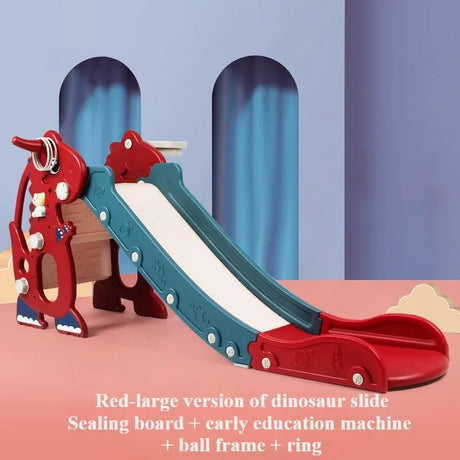 Red and blue dinosaur slide with additional features.