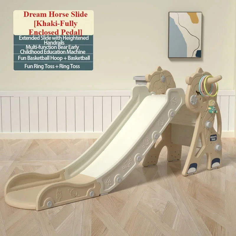 Children's play slide with additional features on a wooden floor.