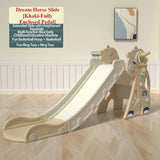 Children's play slide with additional features on a wooden floor.