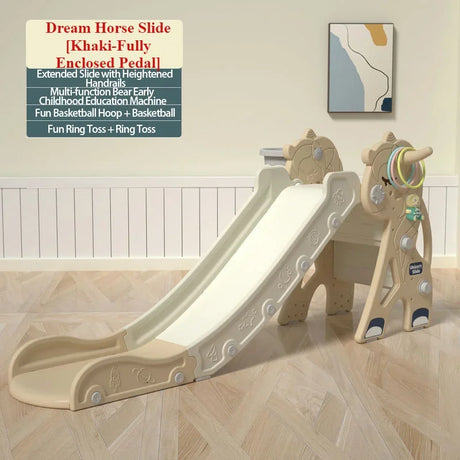 Children's play slide with additional features on a wooden floor.