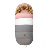Pink and gray baby sleeping bag with fur trim