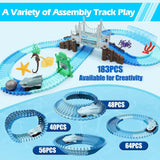 Toy assembly track set with various components and cars