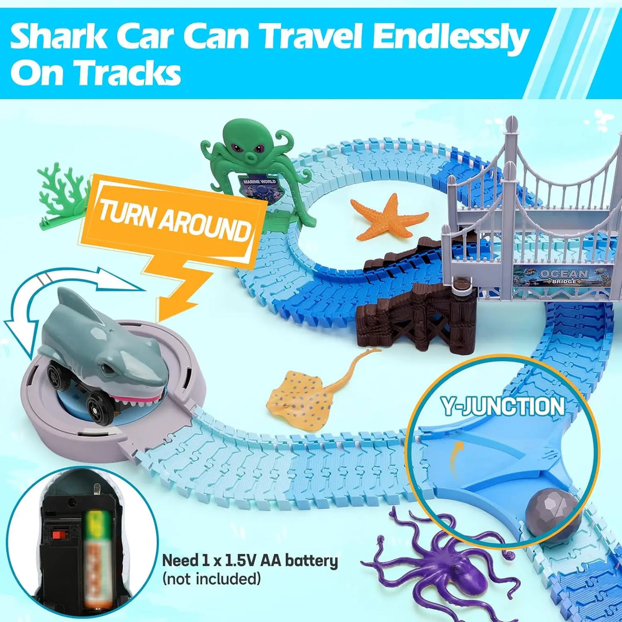 Toy track set with a shark car and ocean-themed elements 