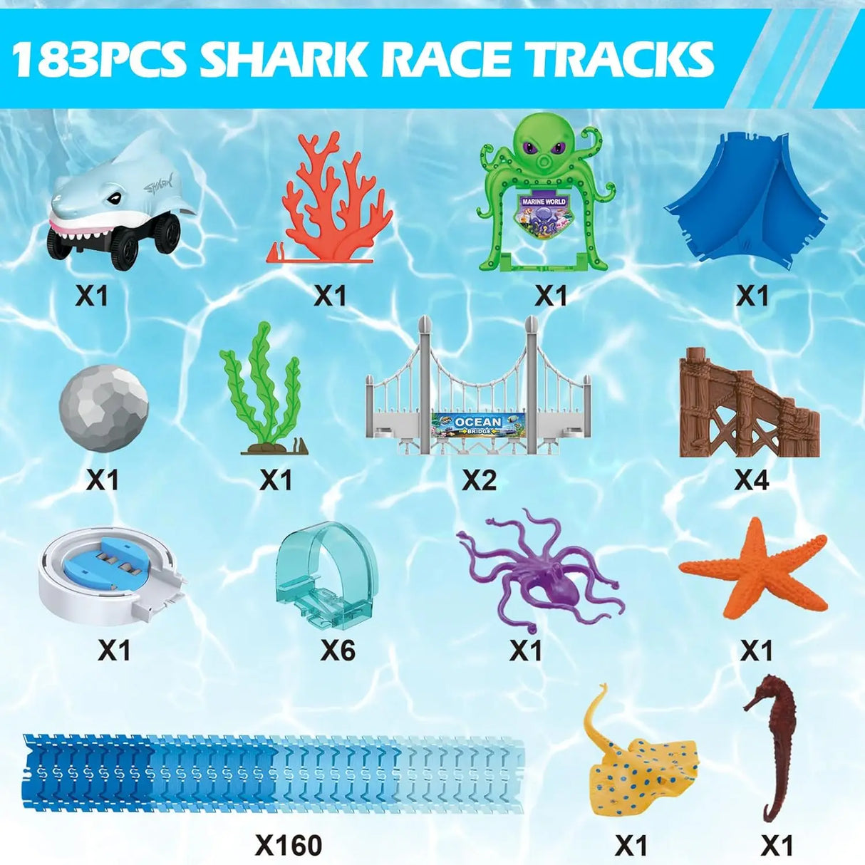 Set of shark race tracks with various ocean-themed pieces.