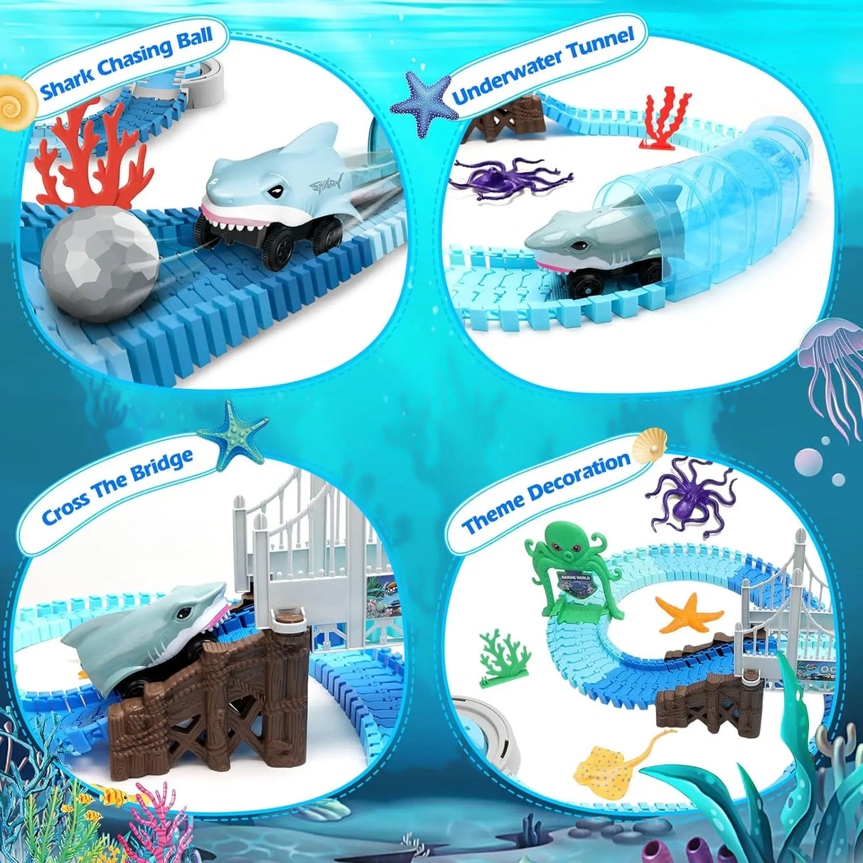 Toy set with shark and car, featuring underwater-themed obstacles and decorations.