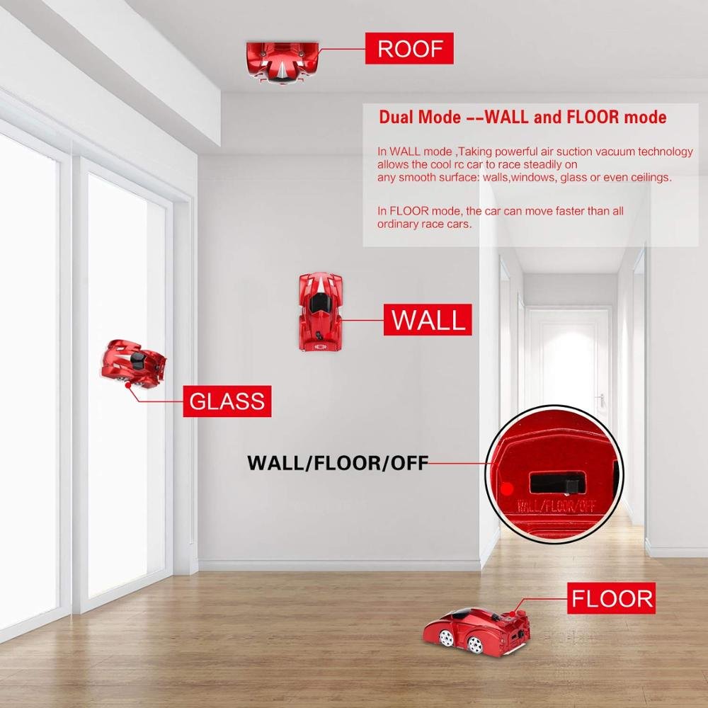 Red remote control car with mode indicators on a wooden floor and white walls.