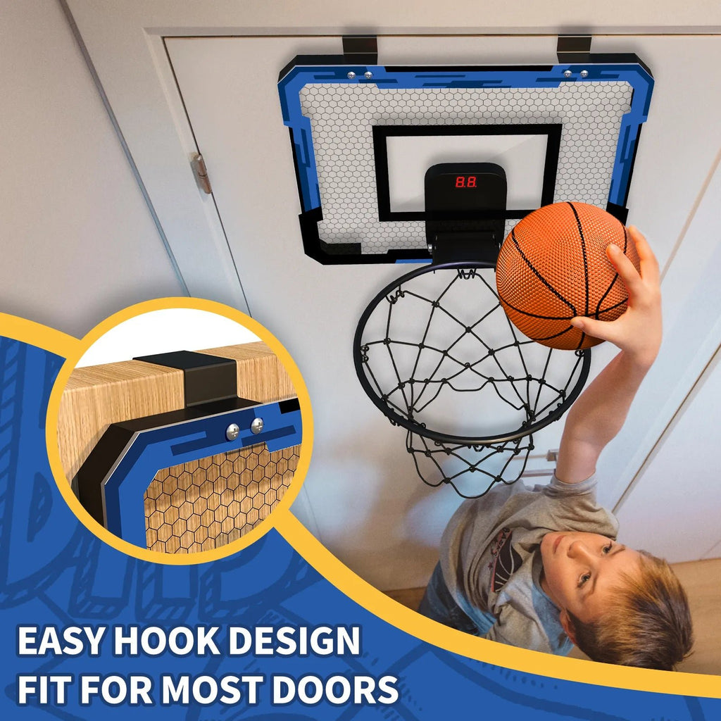 Child playing with a basketball hoop attached to a door, with close-up details of the hoop's design.