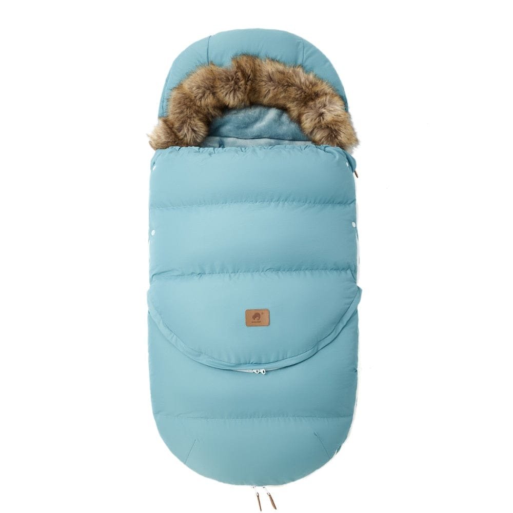 Blue baby stroller footmuff with brown fur trim 