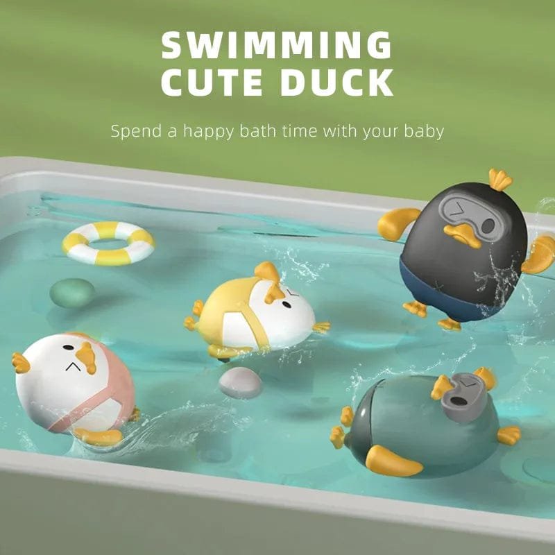 Toy ducks swimming in a bathtub with a green background and text promoting a happy bath time.