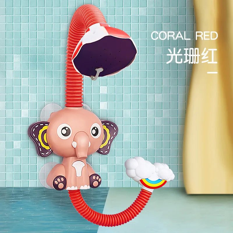 Shower head with elephant design on a tiled wall, labeled 'Coral Red'.