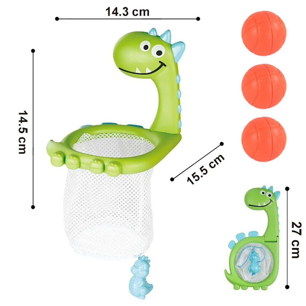 Green dinosaur-shaped toy with net and dimensions, accompanied by three red balls.
