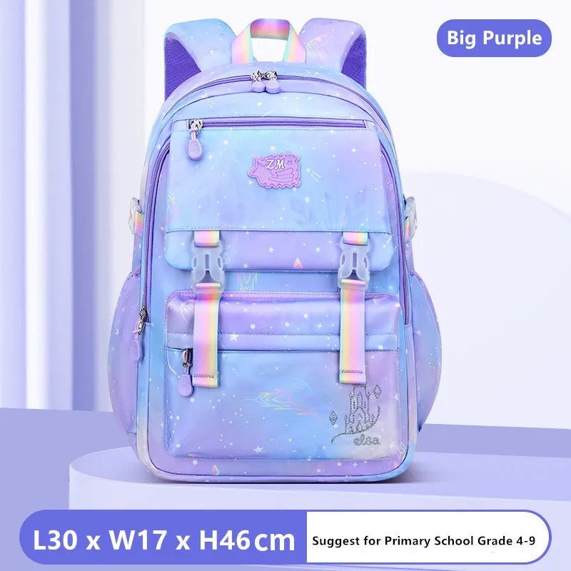Gradient purple and blue backpack with colorful straps