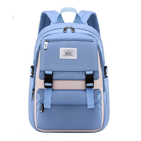 Light blue backpack with a visible brand label.