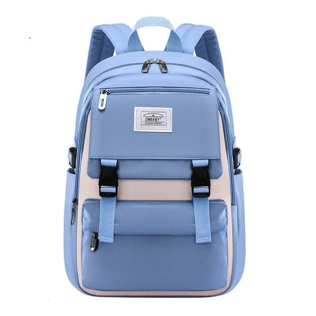 Light blue backpack with a visible brand label.