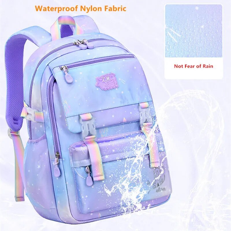 Light blue backpack with rainbow accents, labeled 'Waterproof Nylon Fabric' and 'Not Fear of Rain'.