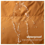 Waterproof material with water droplets and text on a brown background
