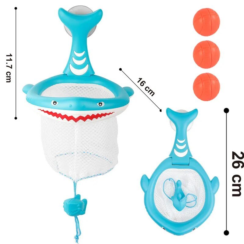 Blue shark-shaped bath toy with net and suction cup, dimensions shown.
