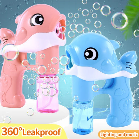 Pink and blue bubble toy dolphins with bubbles and water droplets on a light blue background.