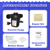 List of accessories, including an electric pump, repair kit, bounce house, and instruction sheet.