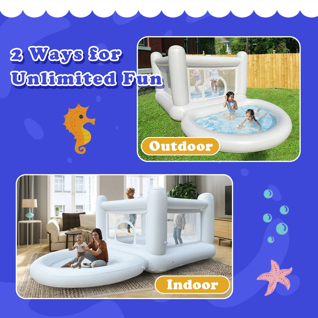 Inflatable play center with outdoor and indoor usage scenarios on a blue background with ocean-themed graphics.