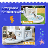 Inflatable play center with outdoor and indoor usage scenarios on a blue background with ocean-themed graphics.