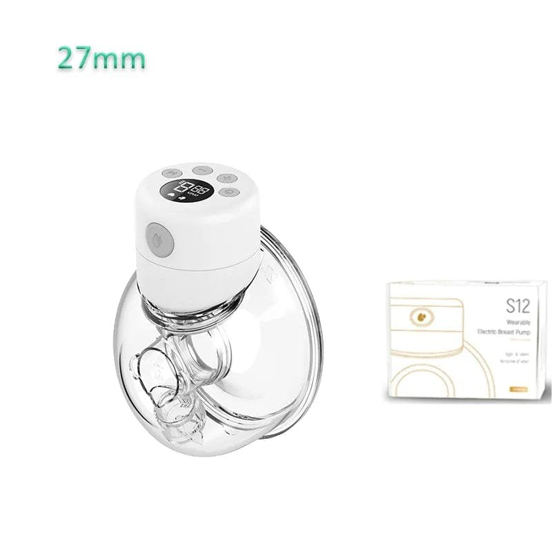 White breast pump with digital display and clear container on a white background, accompanied by a packaging box labeled 'S12'.