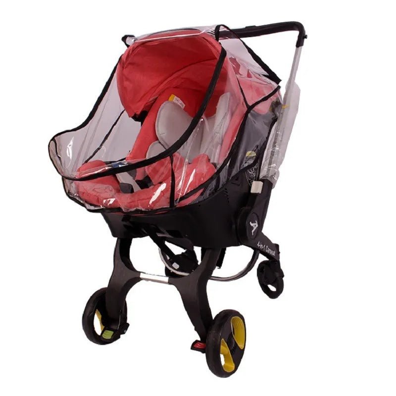 Red baby stroller with a transparent rain cover