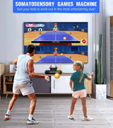 Two people playing a table tennis video game on a large screen in a living room.