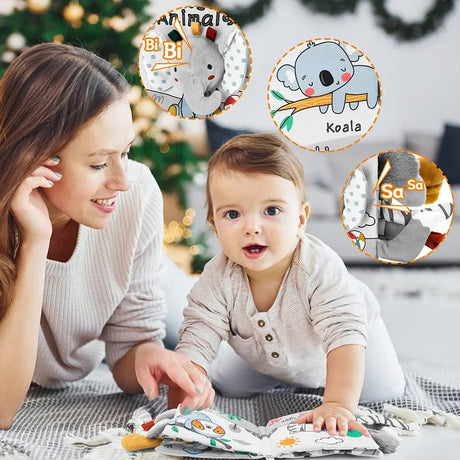 Woman and baby playing with educational toys in a home setting