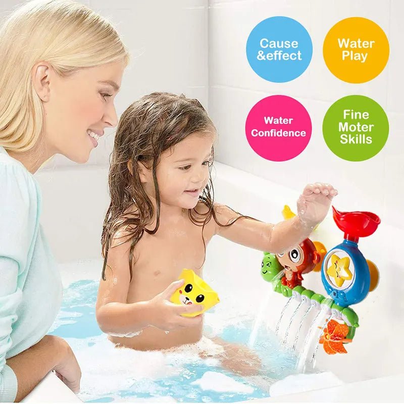Woman and child playing with bath toys in a bathtub, with educational benefits displayed.