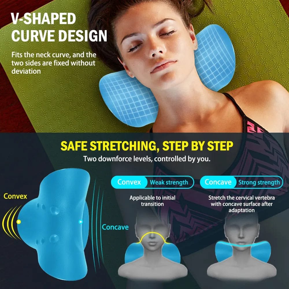 Woman using a blue neck pillow with text on V-shaped curve design and safe stretching features.