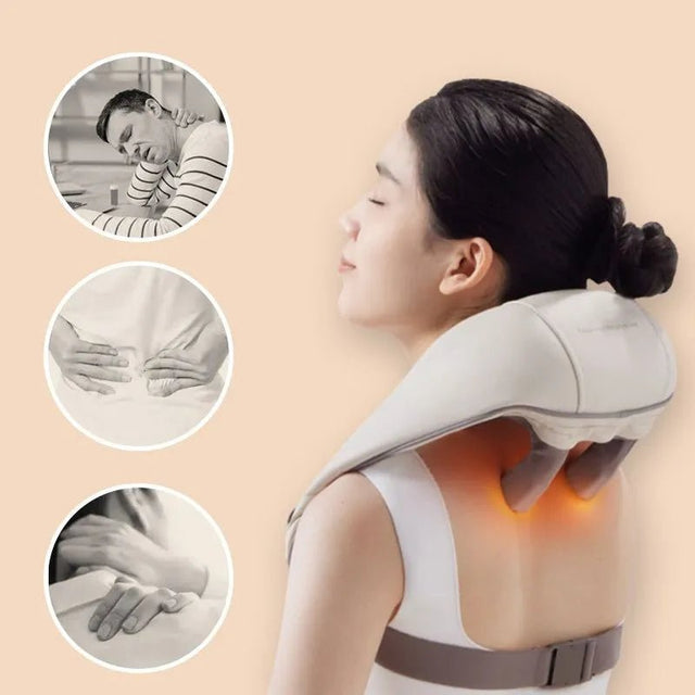 Woman using a neck and shoulder massager with insets showing close-up of device and hands.