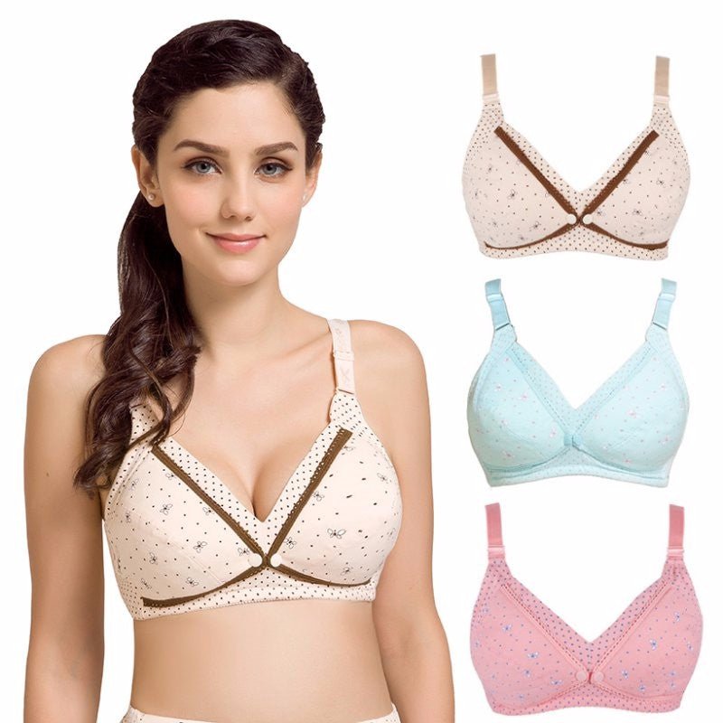 Woman wearing a beige bra with floral patterns, surrounded by three other bra designs on a white background.