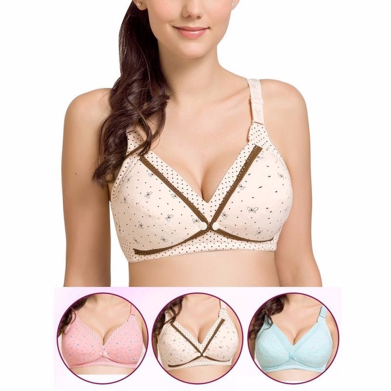Woman wearing a beige polka dot bra with insets showing different color options.