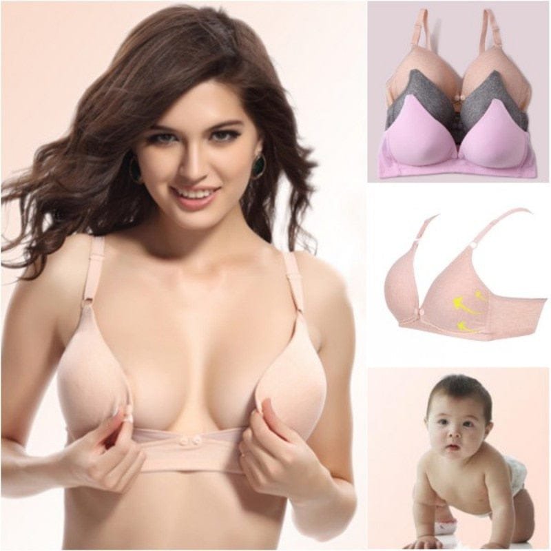 Woman wearing a pink bra with inset images of other bras and a baby.